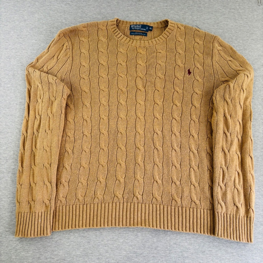 Vintage Polo Ralph Lauren Men's XL Tan Cotton Cable Knit Crewneck Sweater Pony
